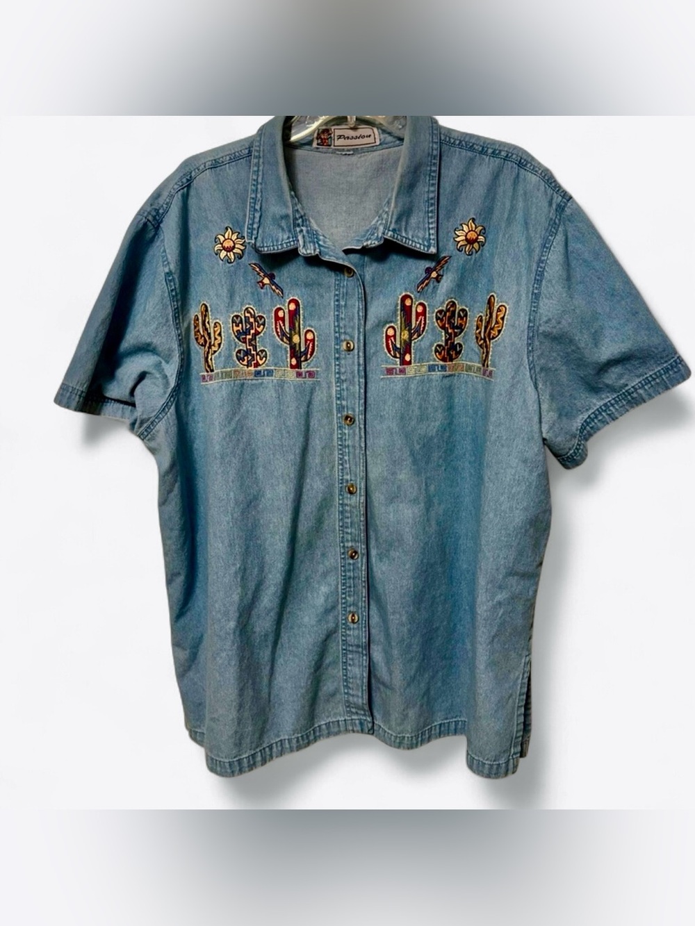 Vintage Denim Button Down Cactus Embroidered Shirt - Women’s XL